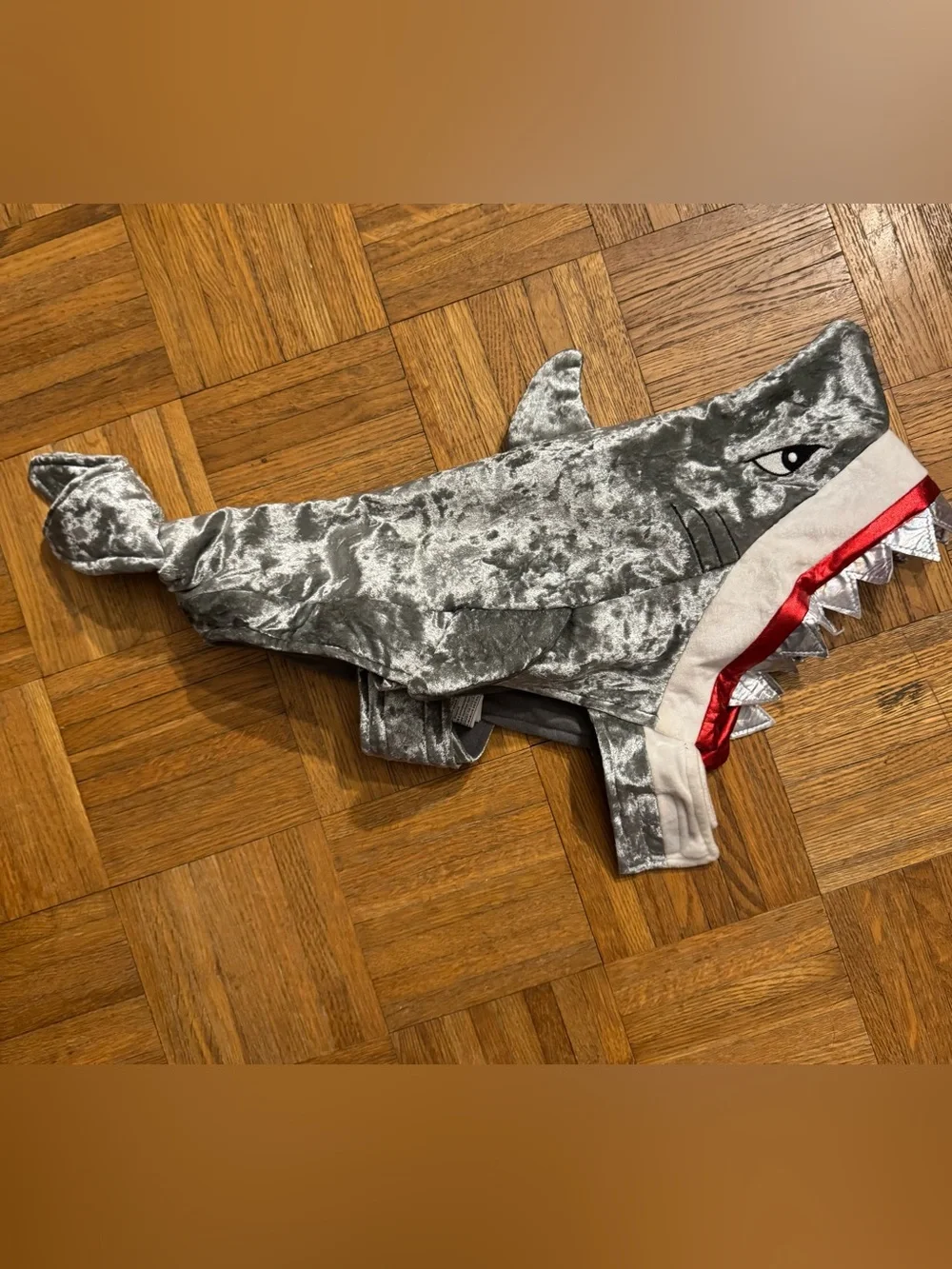 Silver Plush Shark Dog Costume with Mouth Detail For Smaller dog (shark week)